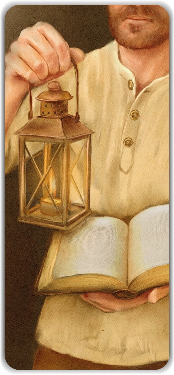 Boekenlegger man met lantaarn